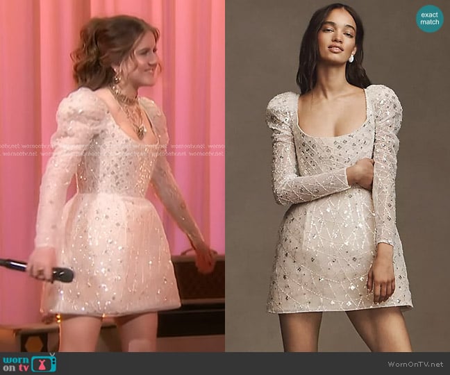 Watters Sparkler Puff-Sleeve Scoop-Neck Sequin Embroidered Mini Dress worn by Sydney Sterlace on The Voice