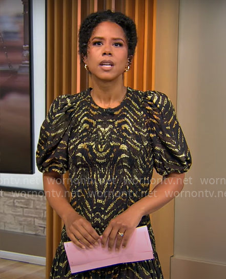Adriana Diaz’s printed puff-sleeve dress on CBS Mornings