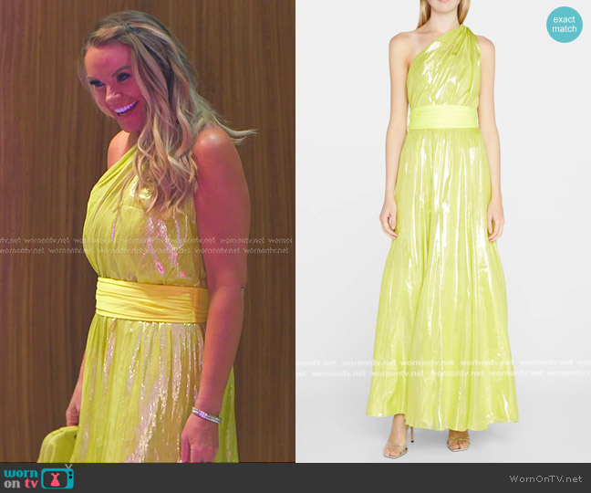 Alice + Olivia Milan One-Shoulder Gathered Metallic Gown worn by Heather Gay on The Real Housewives of Salt Lake City