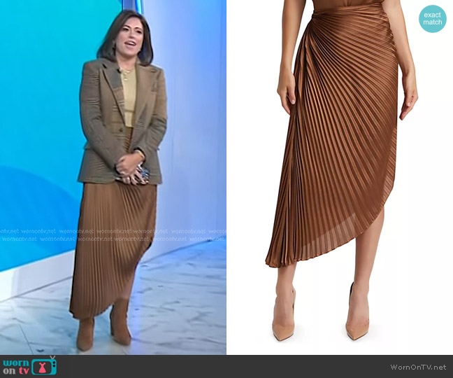 Alice + Olivia Odelia Pleated Asymmetric Hem Skirt in Camel worn by Chloe Melas on Today
