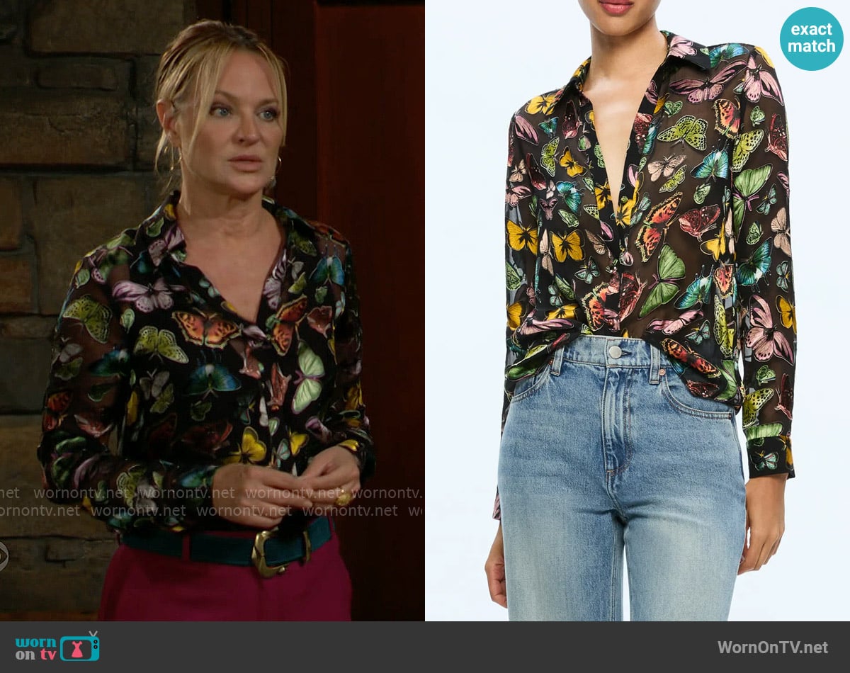 Alice + Olivia Eloise Shirt in Boundless Butterfly / Black worn by Sharon Newman (Sharon Case) on The Young and the Restless
