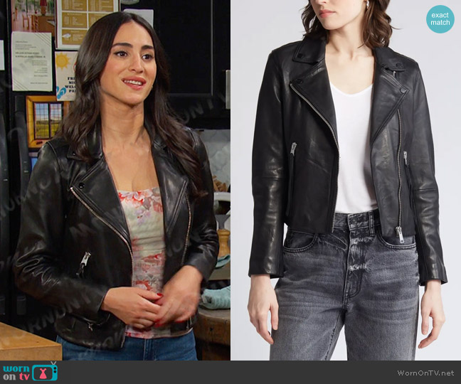 All Saints Dalby Leather Biker Jacket in Black/ Silver worn by Gabi Hernandez (Cherie Jimenez) on Days of our Lives