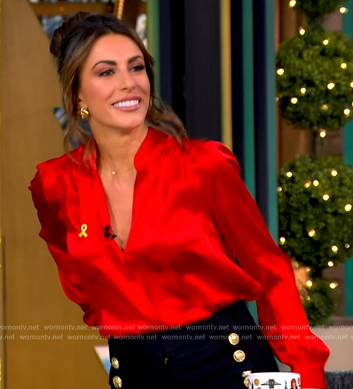 Alyssa’s red satin blouse and pants on The View