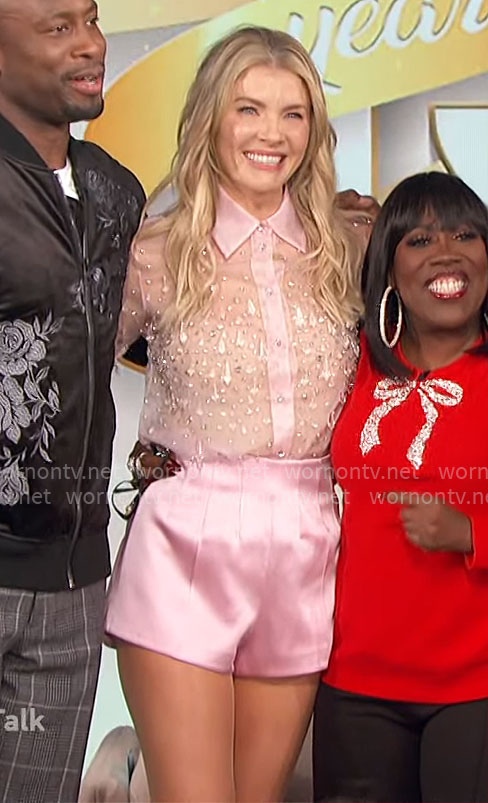 Amanda’s pink embellished shirt and satin shorts on The Talk