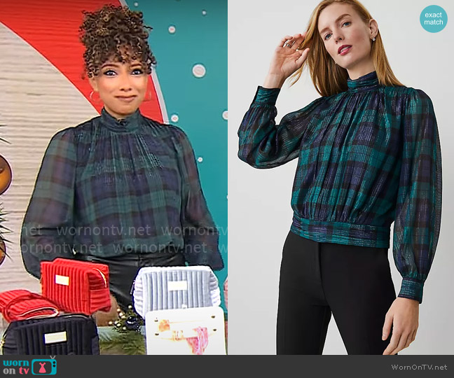 Ann Taylor Tartan Shirred Mock Neck Popover worn by Gabrielle Kerr on CBS Mornings