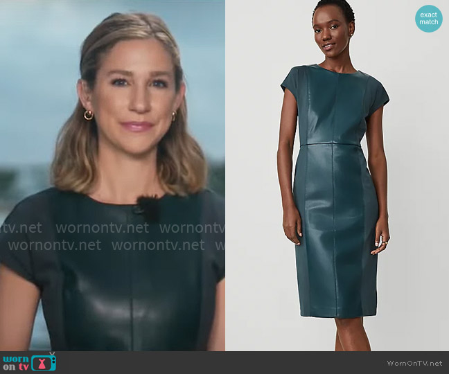 Ann Taylor Faux Leather Mixed Media Dress in Ominous Teal worn by Caitlin Huey-Burns on CBS Mornings