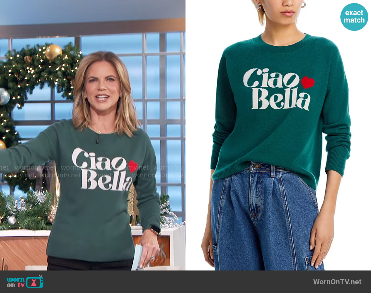 Aqua Ciao Bella Crewneck Cashmere Sweater worn by Natalie Morales on The Talk