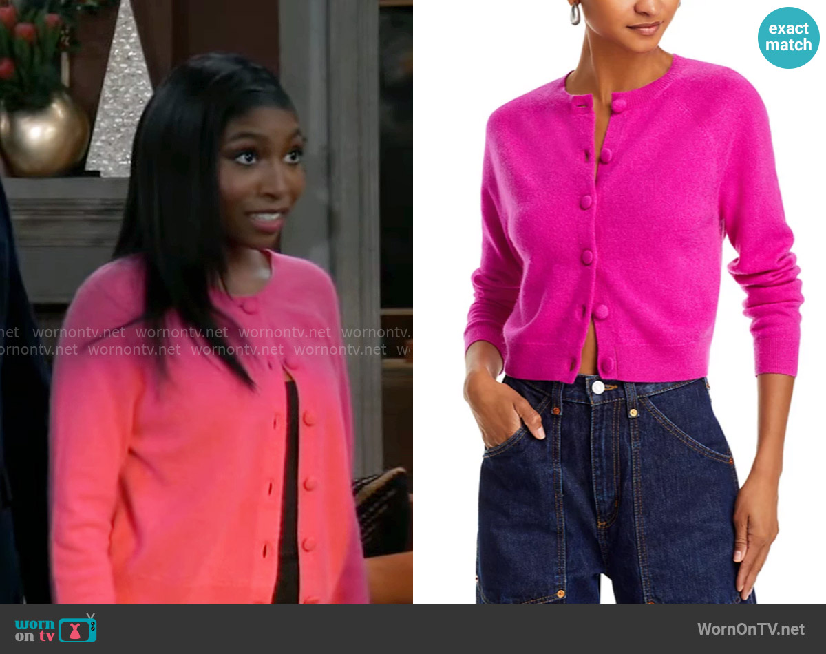 Aqua Crewneck Cardigan in Wild Strawberry worn by Trina Robinson (Tabyana Ali) on General Hospital