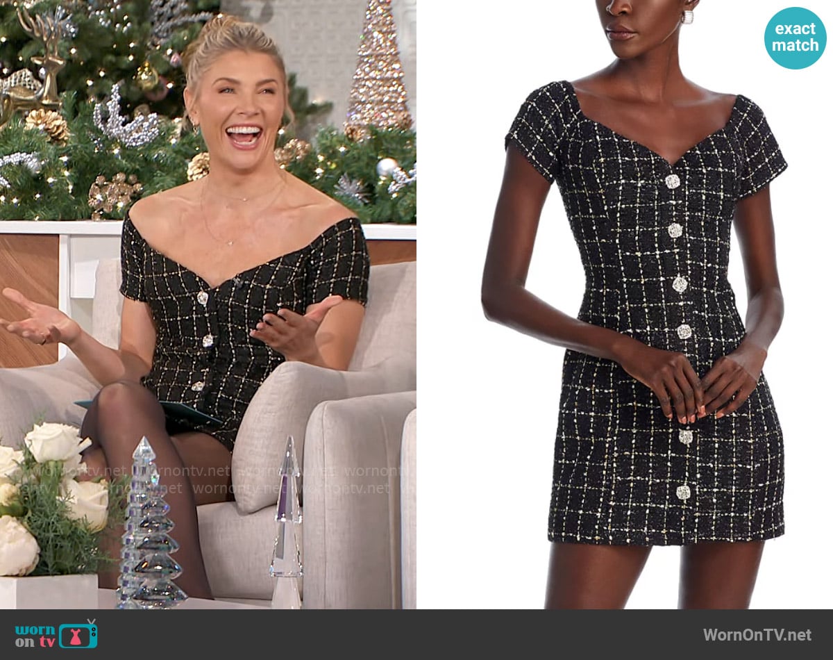 Aqua Tweed Crystal Button Mini Dress worn by Amanda Kloots on The Talk