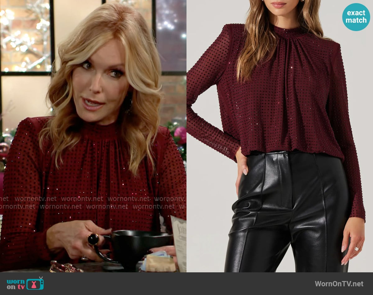 ASTR the Label Balsa Embellished Mesh Top in Wine worn by Lauren Fenmore (Tracey Bregman) on The Young and the Restless