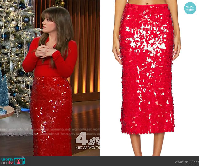 ASTR the Label Amos Sequin Midi Skirt worn by Kelly Clarkson on The Kelly Clarkson Show