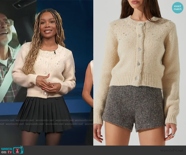 ASTR the Label Sigourney Embellished Cardigan worn by Zuri Hall on Access Hollywood