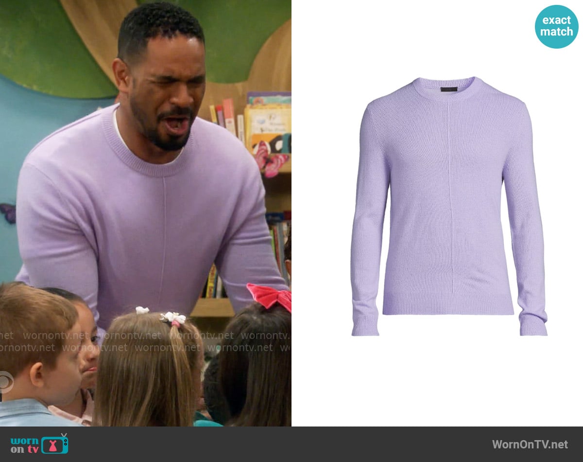 ATM Anthony Thomas Melillo Wool-Cashmere Seamed Crewneck Sweater in Sky Flower worn by Damon (Damon Wayans Jr.) on Poppas House