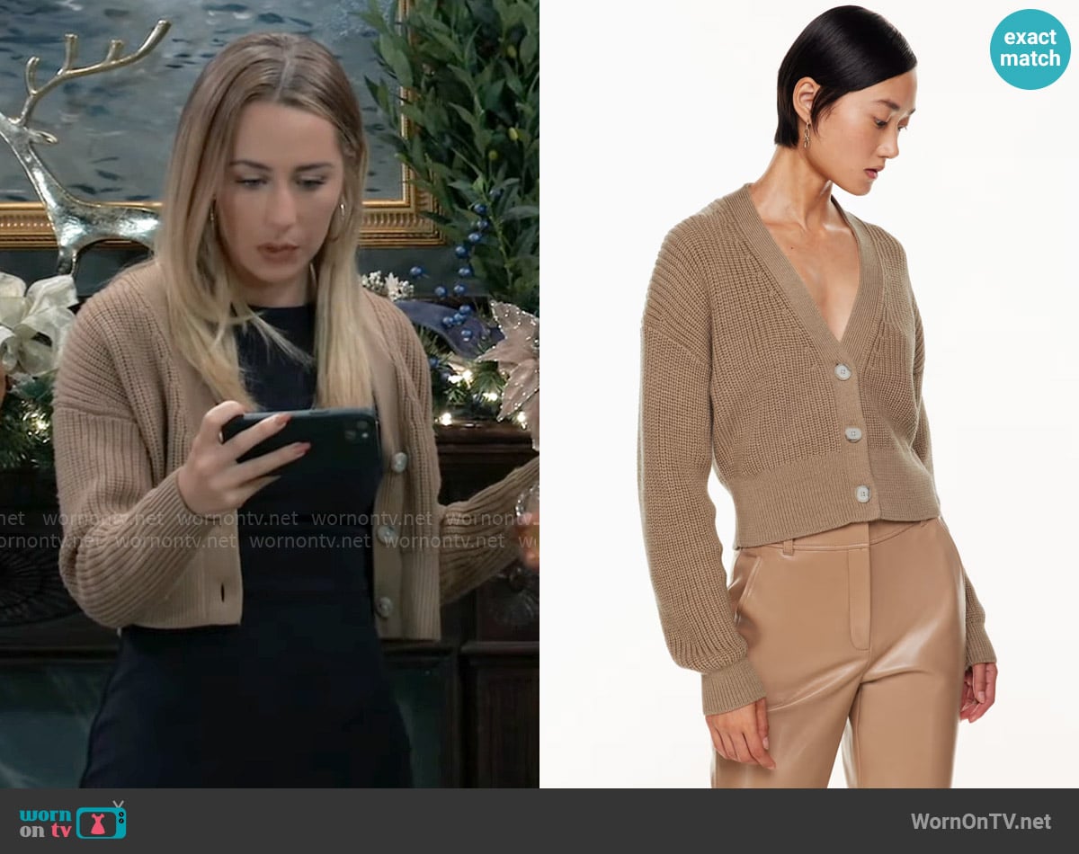 Babaton Canberra Merino Wool Cardigan in Heather Gold Camel worn by Josslyn Jacks (Eden McCoy) on General Hospital