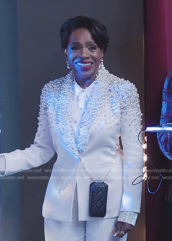 Barbara’s white pearl embellished blazer on Abbott Elementary