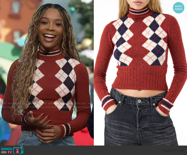 BDG Argyle Turtleneck Crop Sweater worn by Zuri Hall on Access Hollywood