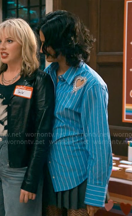 Bela’s blue striped heart cutout shirt on The Sex Lives of College Girls