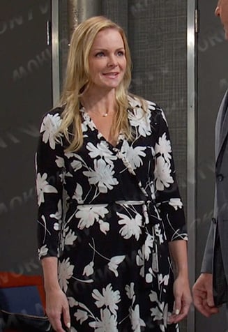 Belle’s black floral wrap dress on Days of our Lives