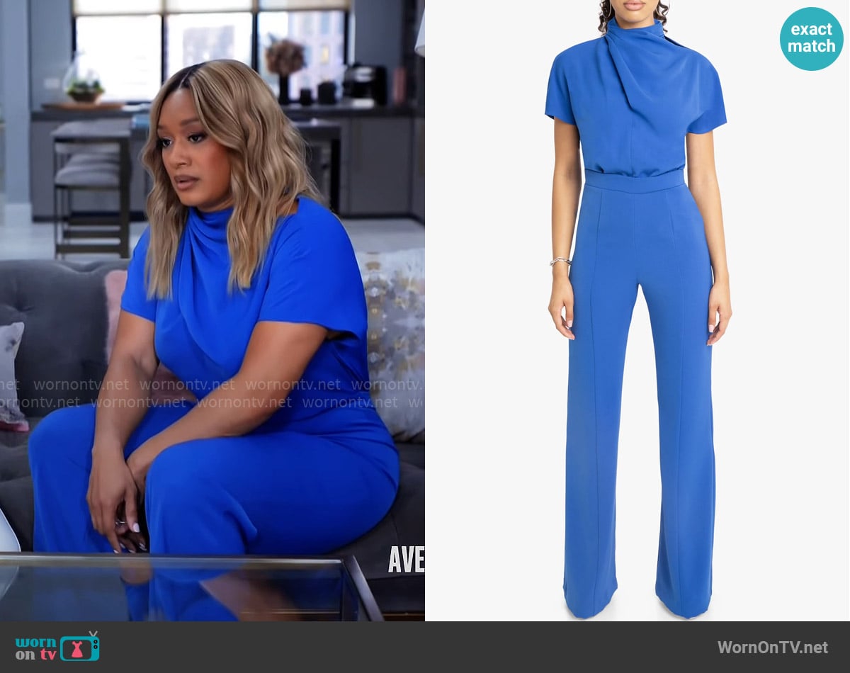 Black Halo Estella Jumpsuit in Jewel Blue worn by Fatima (Crystal Hayslett) on Tyler Perrys Sistas