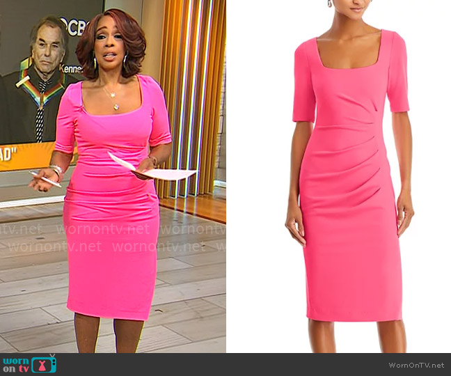 Black Halo Salvanna Sheath Dress in Neon Pink worn by Gayle King on CBS Mornings