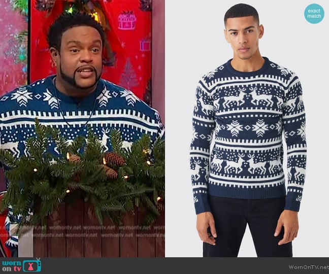 BoohooMan Reindeer Fair Isle Christmas Sweater worn by Jawn Murray on Sherri