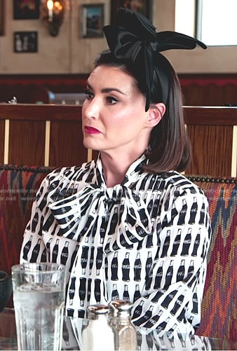 Bronwyn’s Coca Cola print blouse and skirt on The Real Housewives of Salt Lake City