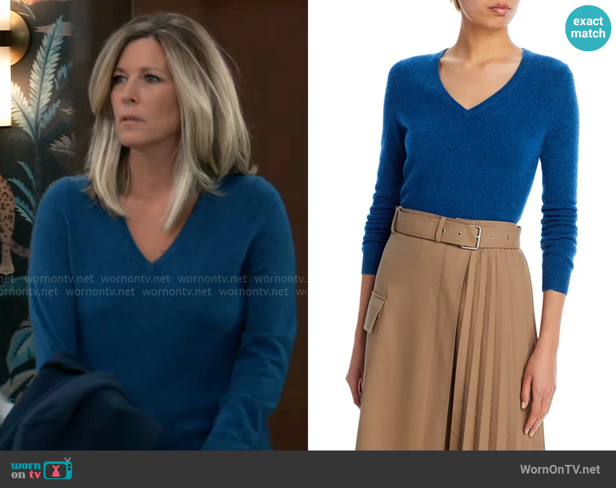 C by Bloomingdales V-Neck Cashmere Sweater in Heather Dark Ocean worn by Carly Spencer (Laura Wright) on General Hospital