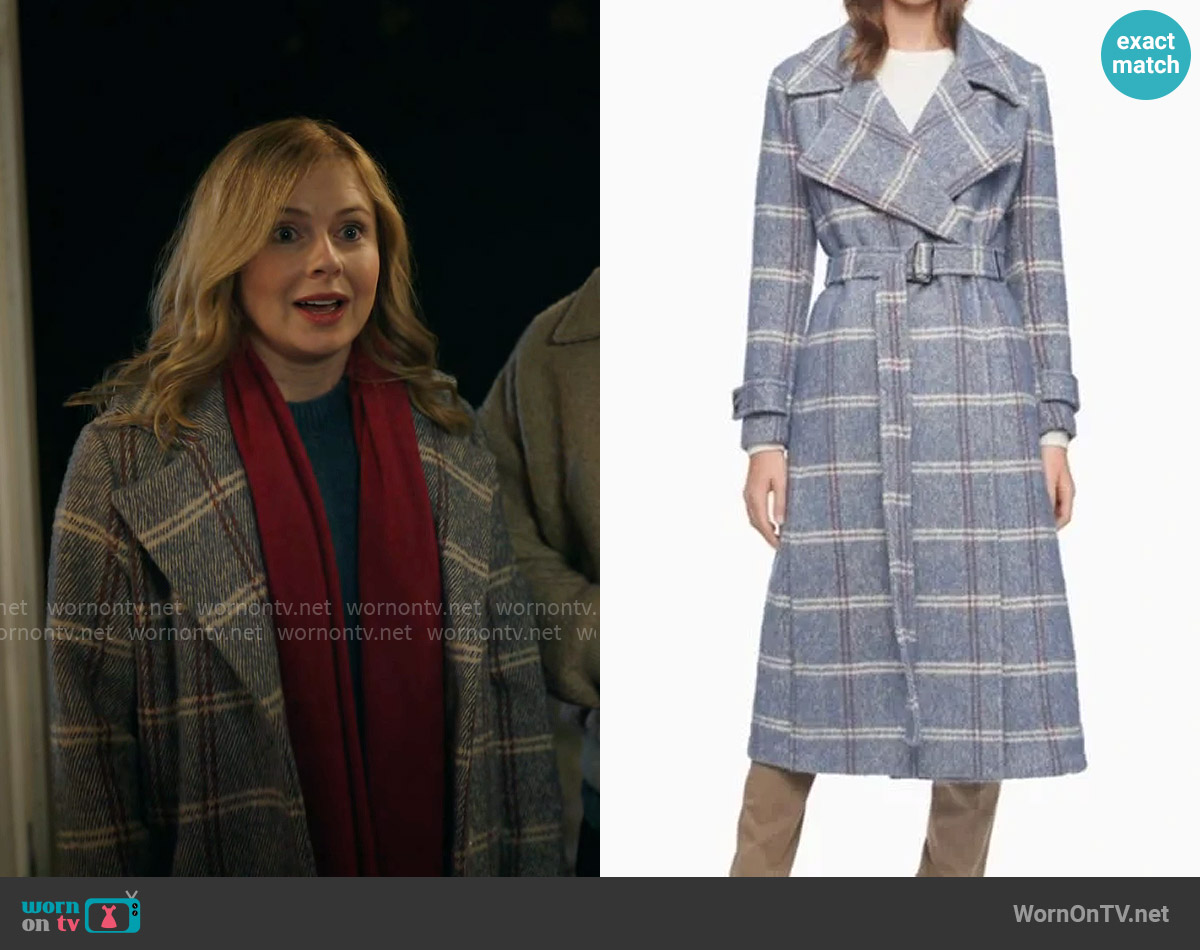 Calvin Klein Checked Wool Coat worn by Sam (Rose McIver) on Ghosts