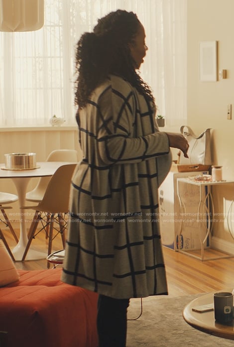 Carla’s gray windowpane cardigan on No Good Deed