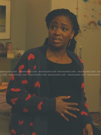 Carla’s navy heart print cardigan on No Good Deed