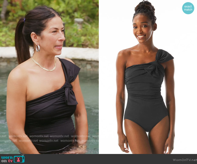 Carmen Marc Valvo Underwire Asymmetrical One Piece Swimsuit worn by Rebecca Minkoff on The Real Housewives of New York City