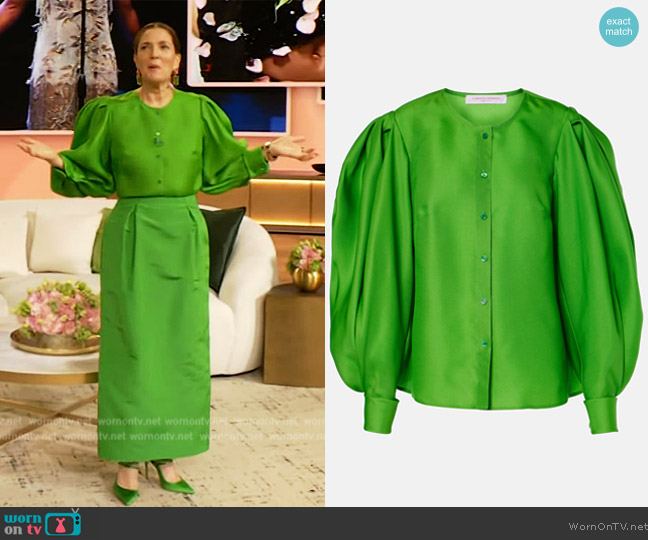 Carolina Herrera Puff-sleeve silk blouse worn by Drew Barrymore on The Drew Barrymore Show