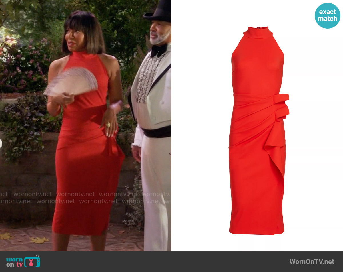 Chiara Boni La Petite Robe Halter Ruffle Midi Dress in Geranium worn by Catherine (Wendy Raquel Robinson) on Poppas House