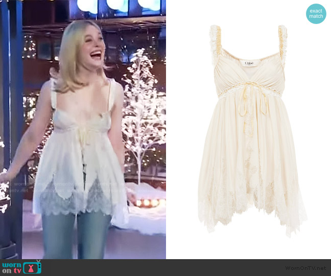 Chloe Lace-Trimmed Silk Plonge Tank Top worn by Elle Fanning on The Kelly Clarkson Show