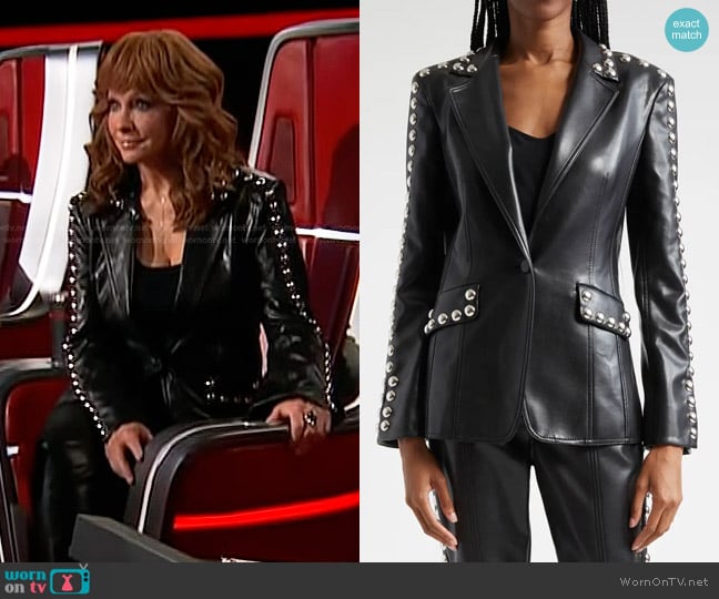 Cinq a Sept Milly Stud Detail Faux Leather Jacket worn by Reba McEntire on The Voice