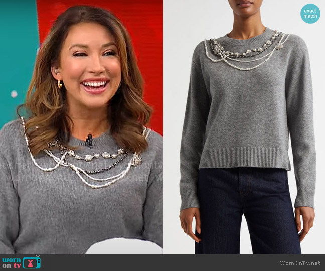 Cinq a Sept Lilliana Necklace Sweater worn by Courtney Cason on CBS Mornings