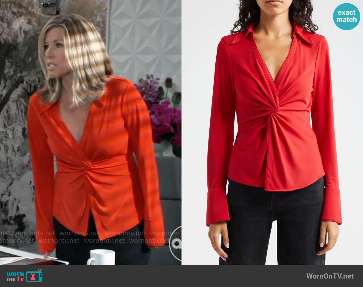 Cinq a Sept McKenna Long Sleeve Shirt in Candy Apple worn by Carly Spencer (Laura Wright) on General Hospital