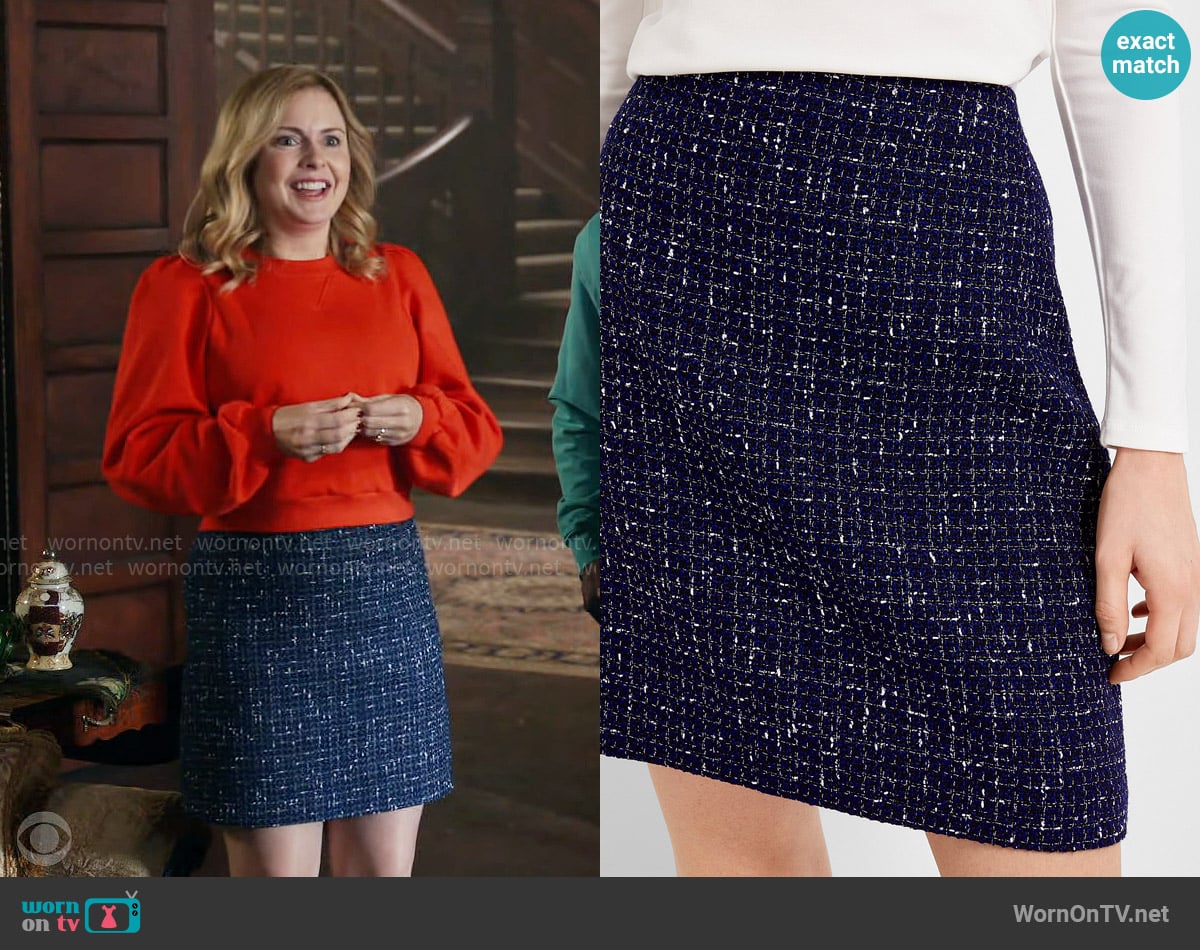Contemporaine Dark blue tweed skirt worn by Sam (Rose McIver) on Ghosts