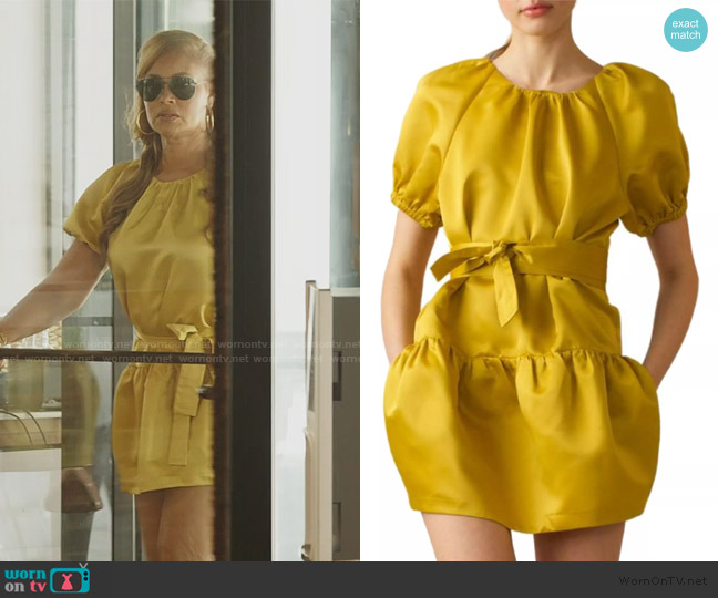 Cynthia Rowley Tulip Belted Satin Minidress worn by Gizelle Bryant on The Real Housewives of Potomac