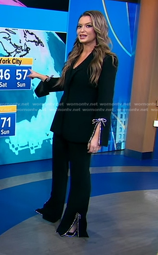 Dani’s black rhinestone bow blazer and pants on Good Morning America