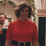 Deedee’s red cableknit top on Elsbeth