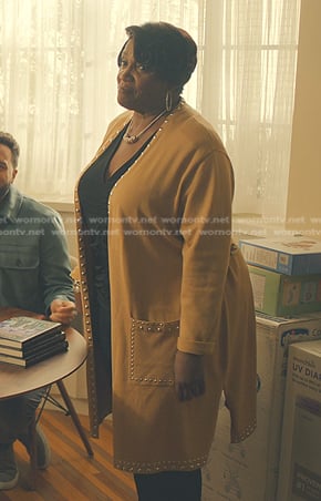 Denise’s yellow studded cardigan on No Good Deed