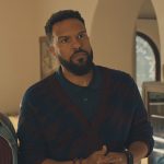 Dennis’s blue abstract cardigan on No Good Deed