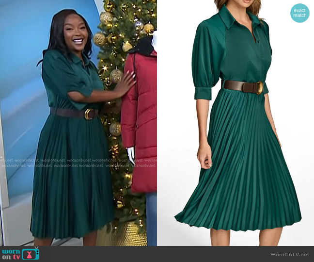 Donna Karan Pleated Midi Shirtdress in Spruce worn by Makho Ndlovu on Today