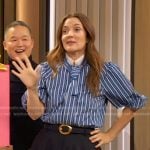 Drew’s blue striped tie neck blouse on The Drew Barrymore Show