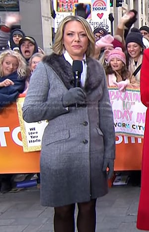 Dylan’s grey coat with fur collar on Today