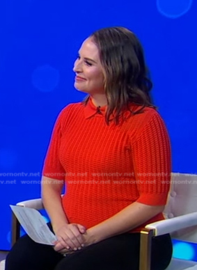 Elizabeth’s red knit collared sweater on Good Morning America