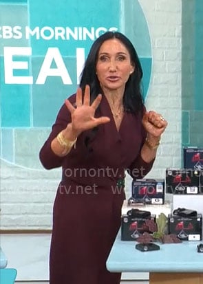 Elizabeth Werner’s burgundy wrap dress on CBS Mornings