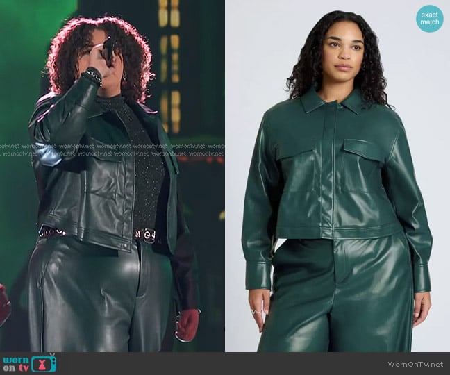 Eloquii Cropped Faux Leather Jacket in June Bug worn by Shye Roberts on The Voice