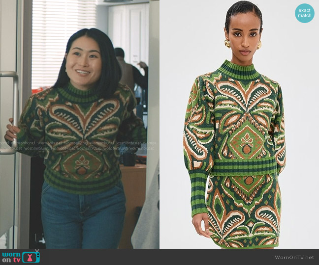 Farm Rio Pineapple Ikat Green Sweater worn by Gia (Amy Keum) on Elsbeth